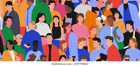 Crowd of multiracial people. Seamless pattern of multiethnic men and women. Students or young people. Vector illustration