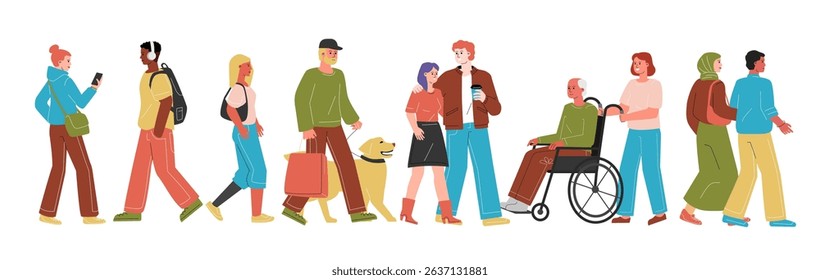A crowd of multiracial people walking and talking. Couples, singles, a man with a dog, a girl with a phone, an elderly man in a wheelchair. The diverse society concept.