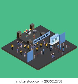 Crowd At Music Concert Isometric 3d Vector Concept For Banner, Website, Illustration, Landing Page, Flyer, Etc.