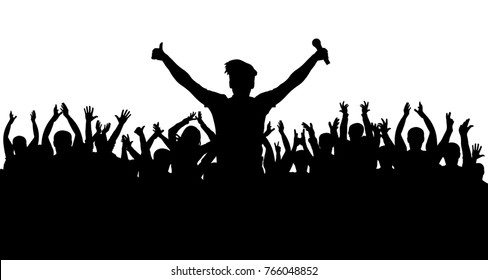 Crowd at a musical concert, singer with microphone, silhouette