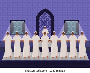 Crowd Of Muslim Worshippers Praying Salah Facing Mosque For Islamic Festival Celebration.