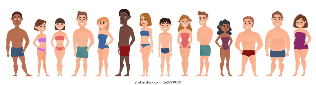 Crowd of naked men and women, confident smiling young people standing together. Polygamy, polyamory, open relationship. Colorful vector illustration in flat cartoon style.