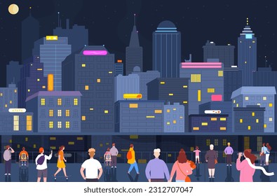 Crowd night city. People watching evening cityscape on crowded town embankment, woman man children and friends view midnight skyscrapers background, vector illustration of cityscape urban night