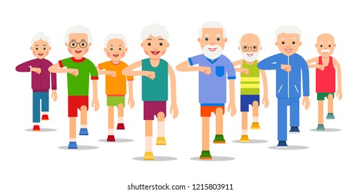 Crowd Of Older, Active People Go. Adult Men And Women Perform Exercise Static Walking. Physical Exercises, Training, Workout, Sport, Healthy Lifestyle. Flat Style Illustration.

