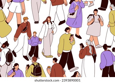 Crowd on city street, seamless pattern. Endless background, repeating print design with busy urban characters going. Many people, swarm. Printable flat graphic vector illustration for textile, fabric