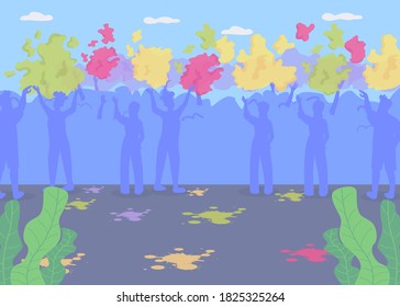 Crowd on Holi party flat color vector illustration. Traditional Indian holiday celebration. Hindu festival of colors. Splash of powder paint. Urban 2D cartoon cityscape with people on background