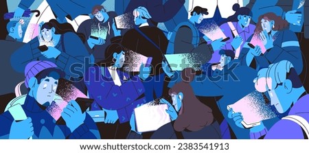 Crowd on mobile phones. Sad, shocked people reading bad news. Many persons scrolling social media, surfing internet in smartphones. Cellphones addiction problems. Monochrome flat vector illustration.