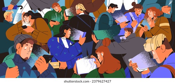 Crowd on smartphones. Many sad people reading bad news, scrolling social media. Scared persons surfing internet in cellphone. Mobile phone addiction, society problems. Flat vector illustration