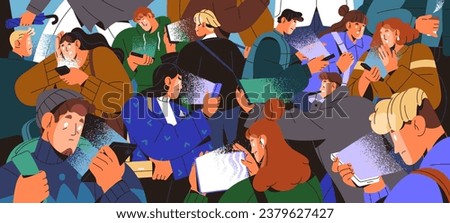 Crowd on smartphones. Many sad people reading bad news, scrolling social media. Scared persons surfing internet in cellphone. Mobile phone addiction, society problems. Flat vector illustration