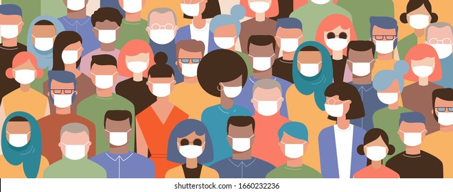 Crowd on the street wearing masks to prevent disease, coronavirus, flu, air pollution, contaminated air, world pollution. Vector illustration 