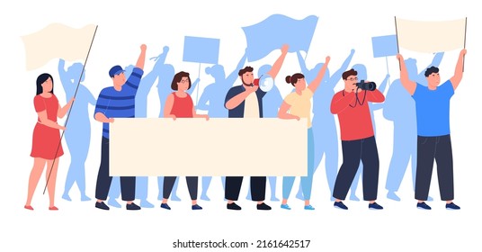 Crowd of opposing people taking part in a protest rally with flags and banners. Men and women take part in a political rally. Vector illustration