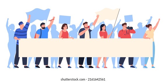 Multitud de opositores participando en una manifestación de protesta con banderas y carteles. Hombres y mujeres participan en una manifestación política. Ilustración del vector