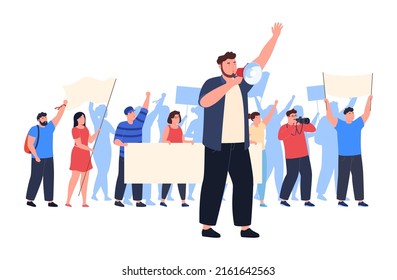 Crowd of opposing people taking part in a protest rally with flags and banners. Men and women take part in a political rally. Vector illustration