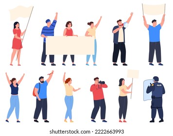 Crowd of opposing people taking part in a protest rally with flags and banners. Men and women take part in a political rally. Vector illustration