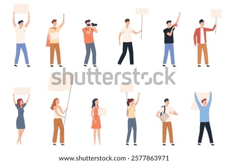 Crowd of opposing people taking part in a protest rally with flags and banners. Men and women take part in a political rally. Vector illustration