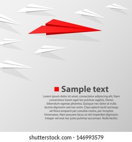 Crowd of paper airplanes with a leader red, Vector infographic illustration