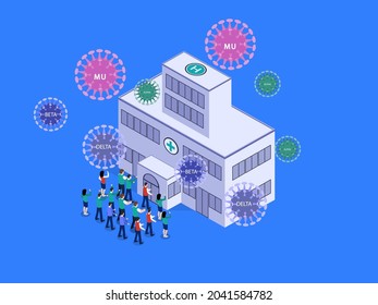 Crowd patient queuing at hospital with various coronavirus variant mutation. isometric vector concept