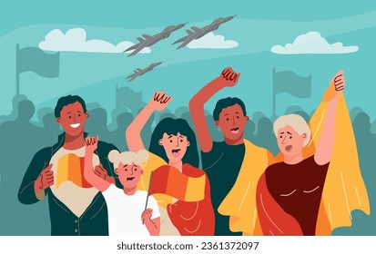 Crowd of patriots with flags on parade flat vector illustration
