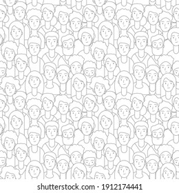 Crowd pattern. People faces seamless texture. Line diverse man woman students vector background