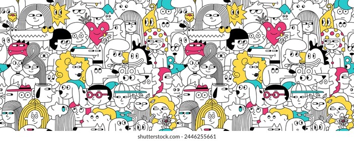 Crowd pattern. People faces seamless color texture. Line diverse man woman students vector background. Illustration crowd people linear, social face pattern