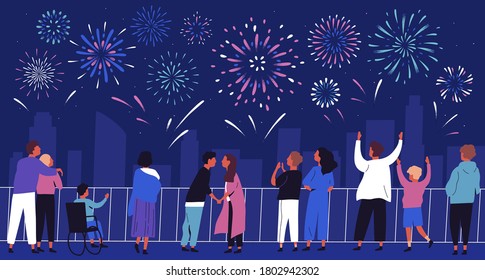 Crowd of people admiring celebratory fireworks at night cityscape vector flat illustration. Citizens of megapolis contemplating festive pyrotechnics show. Man, woman and children at urban holiday