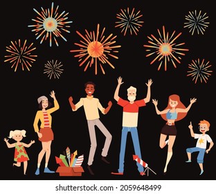 Crowd of people adults and children cheering at fireworks, flat cartoon vector illustration isolated on black background. Family celebration or national holiday firework.