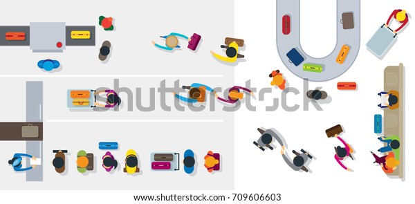 Crowd of People in Airport , Top or Above View,\
Process, Departure