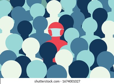 Una multitud de personas entre las que hay una enferma con fiebre y una máscara. Siluetas de la multitud. Hombre enfermo. Ilustración vectorial.