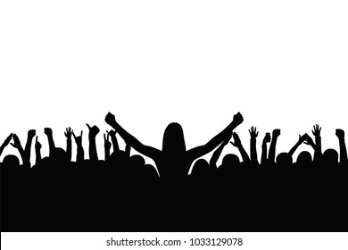 Crowd of people are applauding. People show gestures of happiness and support with raised hands. Silhouette of people crowd at concert, protest, party. Vector