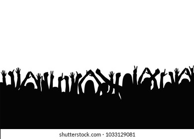Crowd of people are applauding. People show gestures of happiness and support with raised hands. Silhouette of people crowd at concert, protest, party. Vector