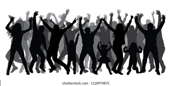 Crowd of people applauding, silhouette. Dancing people