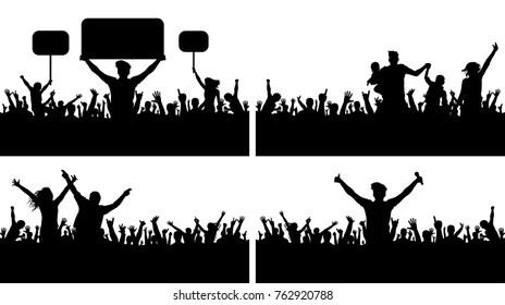 Crowd people applause concert vector silhouette set. Sports Championship fans. A large of people party. Protesting crowd.