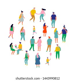Crowd of people arranged in circle shape. Men and women kit. Different walking and running people. Outdoor. Male and female. Flat vector characters isolated on white background.	
