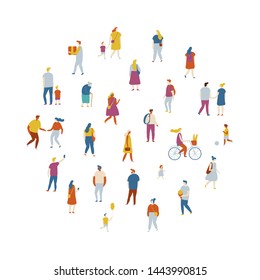 Crowd of people arranged in circle shape. Men and women kit. Different walking and running people. Outdoor. Male and female. Flat vector characters isolated on white background.	
