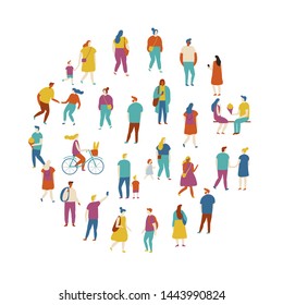 Crowd of people arranged in circle shape. Men and women kit. Different walking and running people. Outdoor. Male and female. Flat vector characters isolated on white background.	
