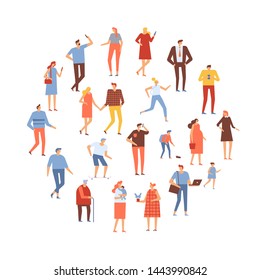 Crowd of people arranged in circle shape. Men and women kit. Different walking and running people. Outdoor. Male and female. Flat vector characters isolated on white background.	
