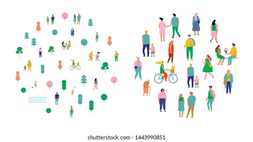 Crowd of people arranged in circle shape. Men and women kit. Different walking and running people. Outdoor. Male and female. Flat vector characters isolated on white background.	
