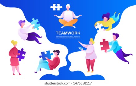 Crowd of people is assembling a puzzle. Teamwork and management. Creative process and design. Vector template for banner, web page, poster. Colorful modern illustration.