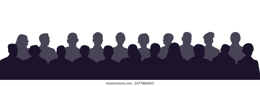 Crowd of people in the auditorium, silhouette of men and women sitting in two rows. Vector illustration.