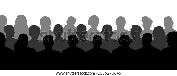 Crowd of people in the auditorium, silhouette\
vector. Audience cinema,\
theater