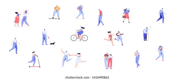 Crowd of people background. Different walking and running people side view.  Male and female. Flat vector characters isolated on white background.
