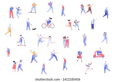 Crowd of people background. Different walking and running people side view. Male and female. Flat vector characters isolated on white background.