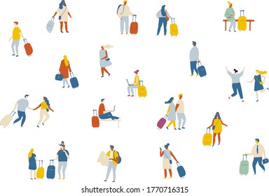 Crowd of people. Background people flat vector set. People with laggage in airport isolated on white. Journey, travelling, tourism