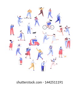 Crowd of people background. Men and women kit. Different walking and running people side view. Outdoor. Male and female. Flat vector characters isolated on white background.	
