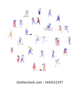 Crowd of people background. Men and women kit. Different walking and running people side view. Outdoor. Male and female. Flat vector characters isolated on white background.	
