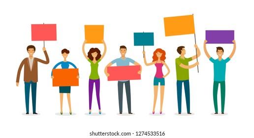 Crowd of people with banner and poster walking on manifestation. Demonstration, rights, parade vector illustration