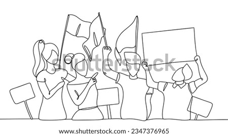 A crowd of people with banners, flags and posters. People power. Rally. International Day of Democracy. One line drawing for different uses. Vector illustration.