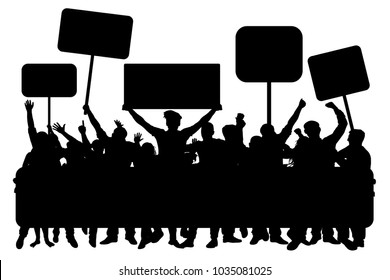 Crowd of people with banners, silhouette vector. Demonstration, manifestation, protest, strike, revolution