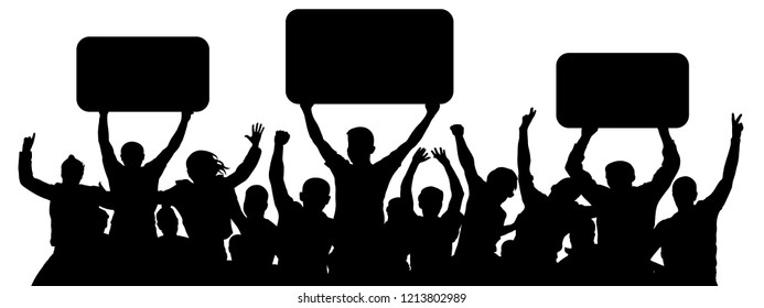 Crowd of people with banners. Support group cheerful people. Sports fans. Demonstration, manifestation, protest, strike, revolution. Silhouette background vector, angry mob