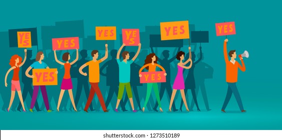 Crowd of people with banners walking on public manifestation. Demonstration, rights, parade vector illustration